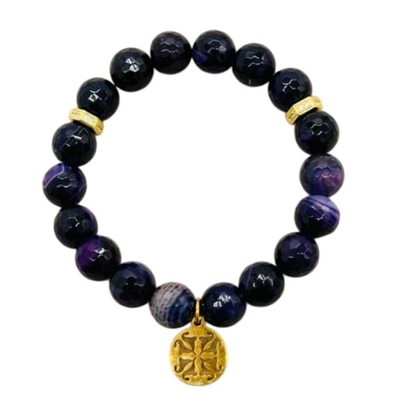 Rustic Cuff PURPLE ONYX BEADS w/ Gold accents & logo Stretch Stacking Bracelet - Picture 1 of 12
